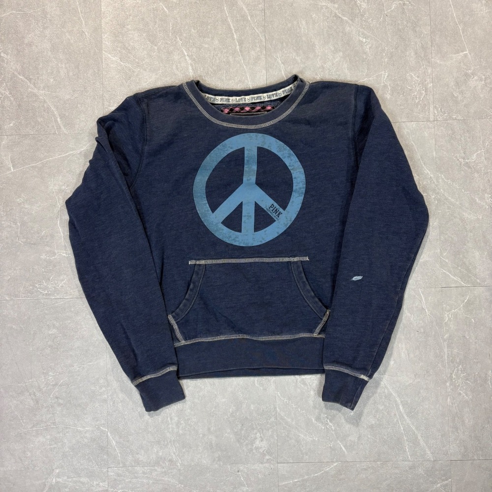 Victorias Secret PINK Peace Sign Sweatshirt Navy Blue Crewneck Small Vintage Y2K
